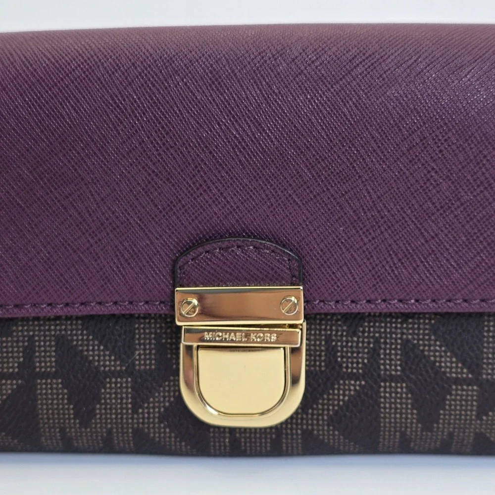 Michael Kors Bridgette Flap Wallet Brown MK‎ Logo Burgandy Eggplant Leather Lock
